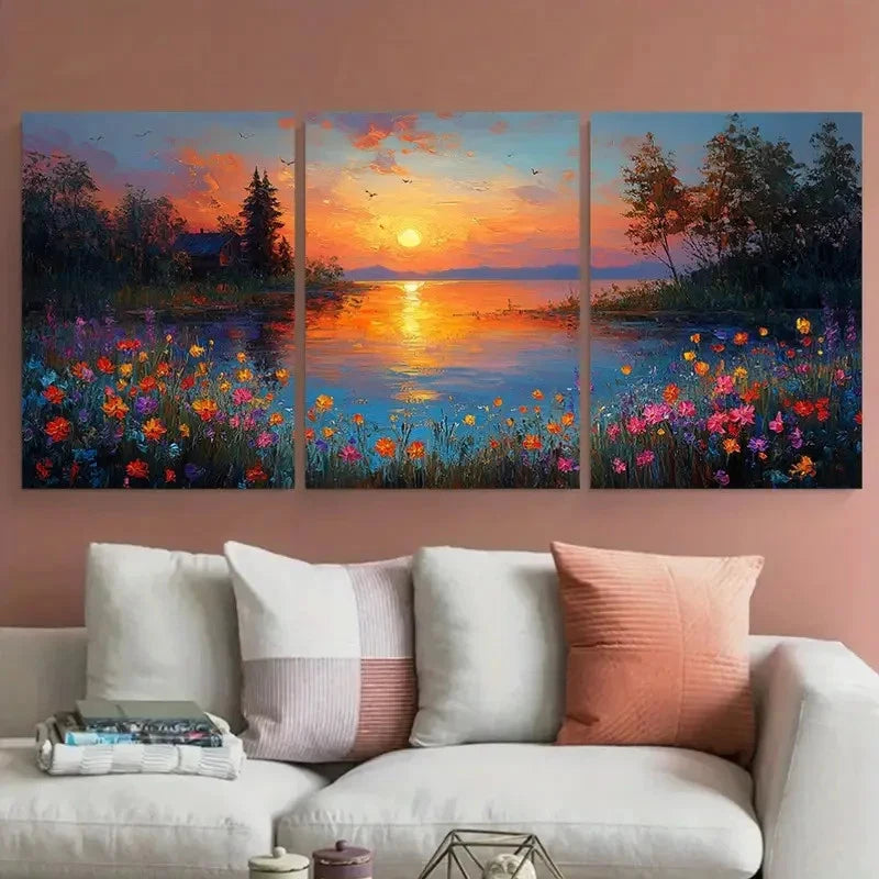 3pcs Riverside Sunset Textures of Flowers Trees Metal Print Ready to Hang Art