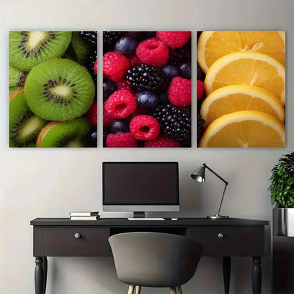 3pcs Berries & Kiwi Tropical Fruits Illustration Wall Art Set Canvas Framed 50x70cm - High Quality Print 100% Australian Made Wall Canvas Ready to Hang