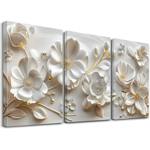 3pcs Floral Art Decorative White Flowers Wall Art Set Canvas Framed 60x90cm - High Quality Print 100% Australian Made Wall Canvas Ready to Hang