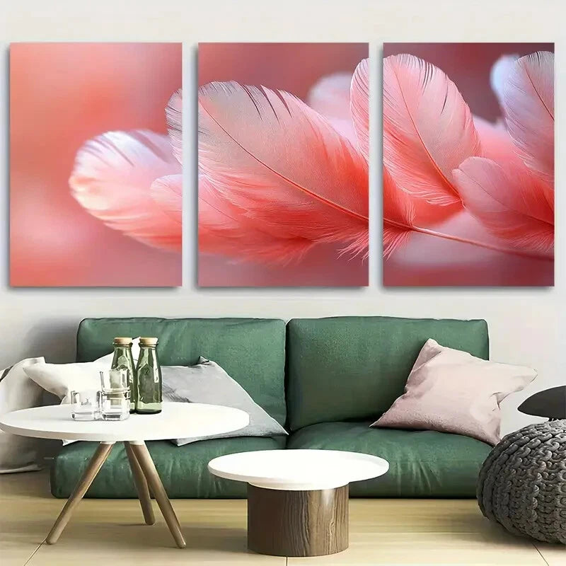 3pcs Aesthetic Light Pink Feather Bouquet Metal Print Ready to Hang Art