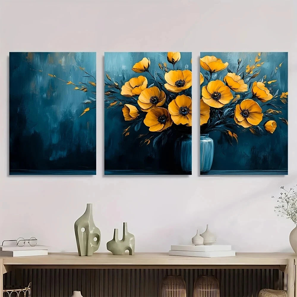 3pcs Vibrant Blue & Yellow Floral Metal Print Ready to Hang Art