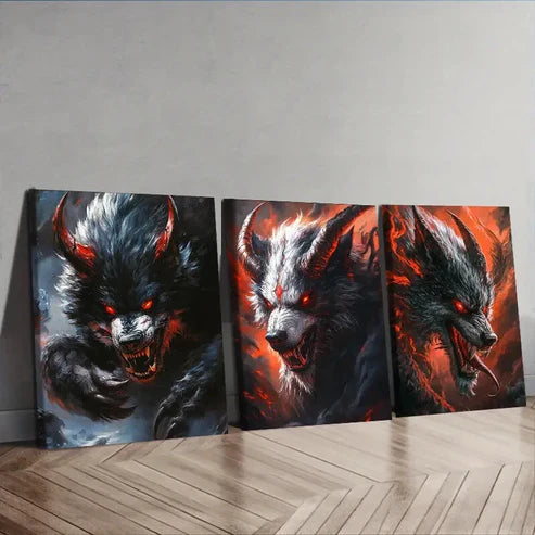 3pcs Dramatic Black & Orange Wolf Illustration Wall Art Set Canvas Unframed - High Quality Print 100% Australian Made Wall Canvas