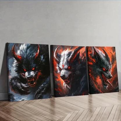 3pcs Dramatic Black & Orange Wolf Illustration Wall Art Set Canvas Unframed - High Quality Print 100% Australian Made Wall Canvas