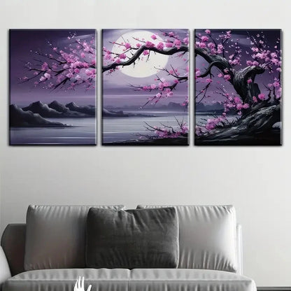 3pcs Moonlit Cherry Blossom Trees Pink Flowers Metal Print Ready to Hang Art