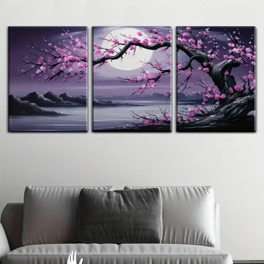 3pcs Moonlit Cherry Blossom Trees Pink Flowers Metal Print Ready to Hang Art