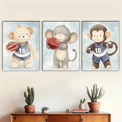 3pcs Cute Animal Basketball Gear & Sports Theme Metal Print Ready to Hang Art