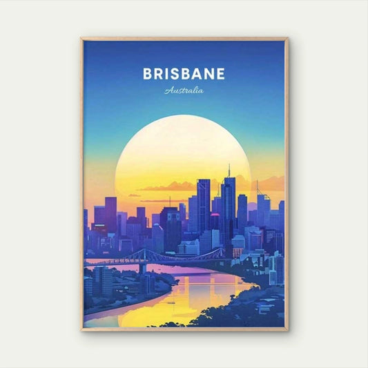 Golden Sunset Over Brisbane Skyline Travel Poster Print Wall Art