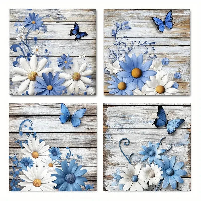 4pcsBlue & White Daisies and Butterflies Wall Art Canvas Framed