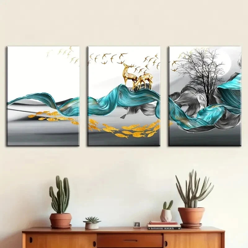 3pcs Abstract Stunning Golden Blue Themed Metal Print Ready to Hang Art