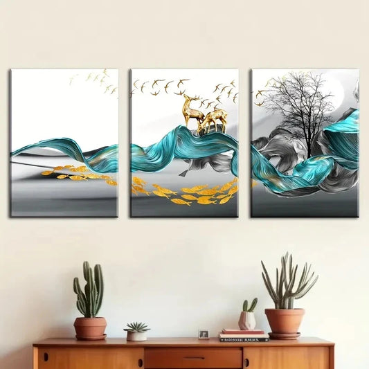 3pcs Abstract Stunning Golden Blue Themed Metal Print Ready to Hang Art