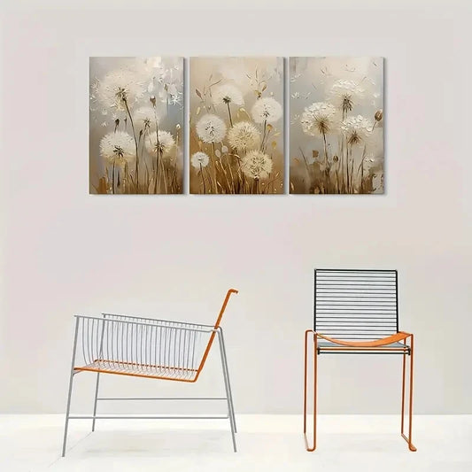 3pcs Abstract Dandelion White and Beige Nature Wall Art Set Canvas Framed 40x60cm - High Quality Print 100% Australian Made Wall Canvas Ready to Hang
