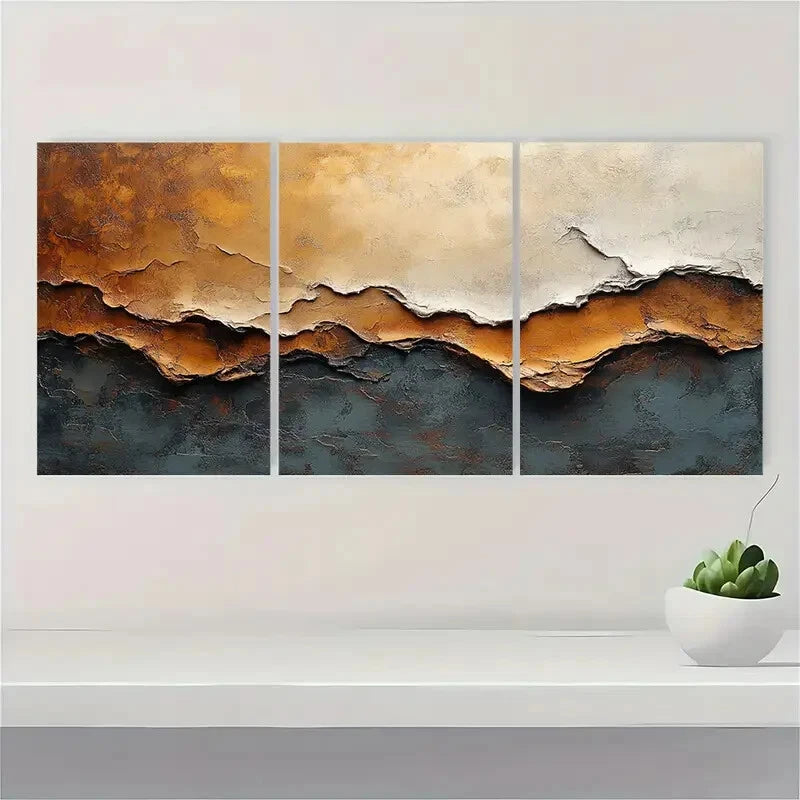 3pcs Brown Acrylic Abstract Texture Painting Metal Print Ready to Hang Art