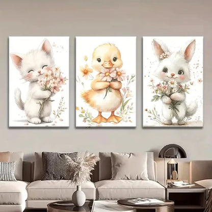 3pcs Kittens, Ducks & Rabbits Wall Art Canvas Unframed - High Quality Print 100% Australian Made Wall Canvas