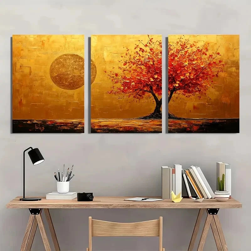 3pcs Abstract Golden Tree Minimalist Metal Print Ready to Hang Art
