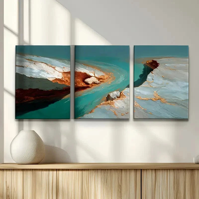 3pcs Turquoise Blue Green Golden Abstract Metal Print Ready to Hang Art