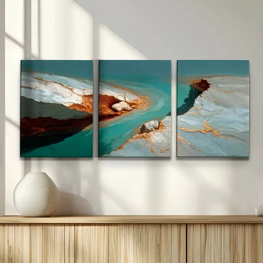 3pcs Turquoise Blue Green Golden Abstract Metal Print Ready to Hang Art