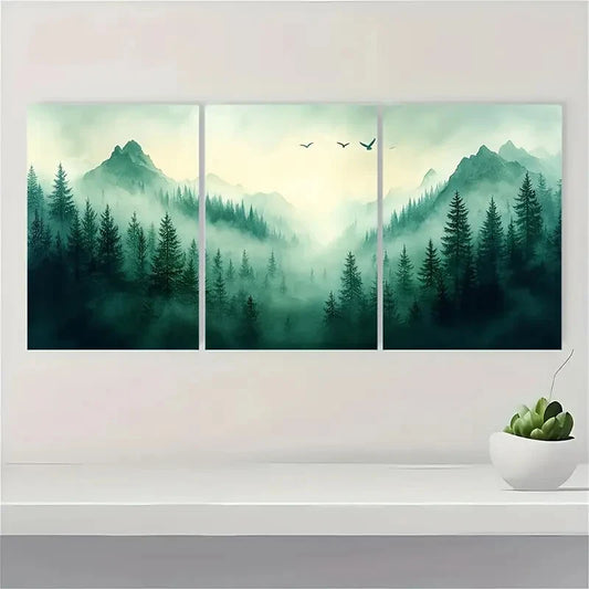 3pcs Pine Tree Forest Watercolor Landscape Art Metal Print Ready to Hang Art