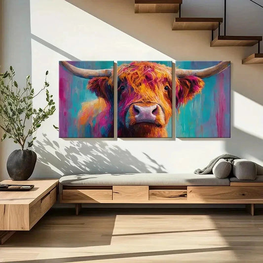 3pcs Vibrant Highland Cow Art Colorful Abstract Metal Print Ready to Hang Art