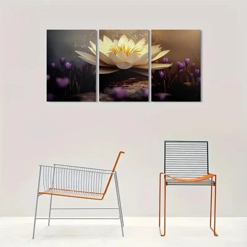 3pcs White Lotus Flower Painting Metal Print Ready to Hang Art