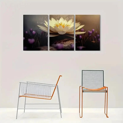 3pcs White Lotus Flower Painting Metal Print Ready to Hang Art