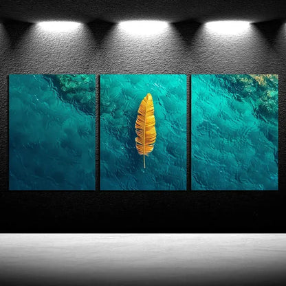 3pcs Vibrant Yellow Feathers and Small Boats Metal Print Ready to Hang Art