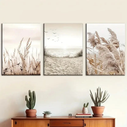 3pcs Natural Scenery Seaside Scenery Reed Metal Print Ready to Hang Art