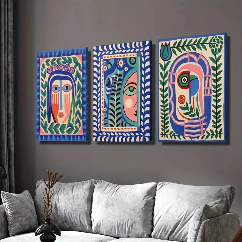 3pcs Classic Modern Bohemian Face Painting Wall Art Set Canvas Framed 40x60cm - High Quality Print 100% Australian Made Wall Canvas Ready to Hang