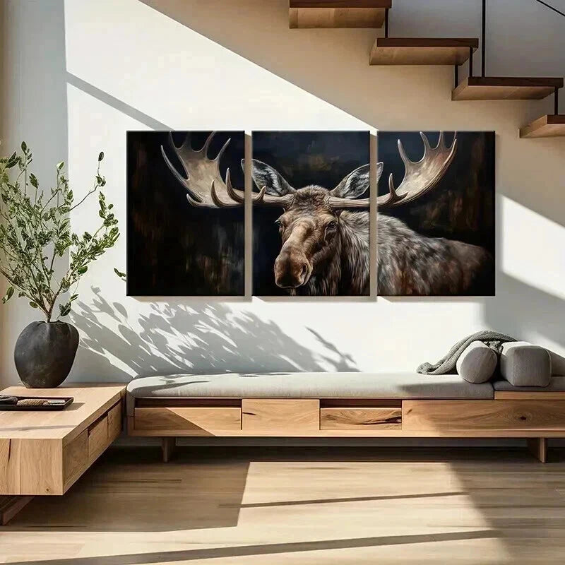 3pcs Moose Antlers Forest Night Wildlife Metal Print Ready to Hang Art