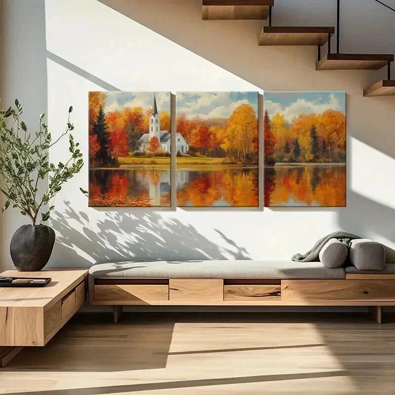 3pcs Autumn Church Landscape & Lake Reflection Wall Art Set Canvas Framed 40x60cm - High Quality Print 100% Australian Made Wall Canvas Ready to Hang