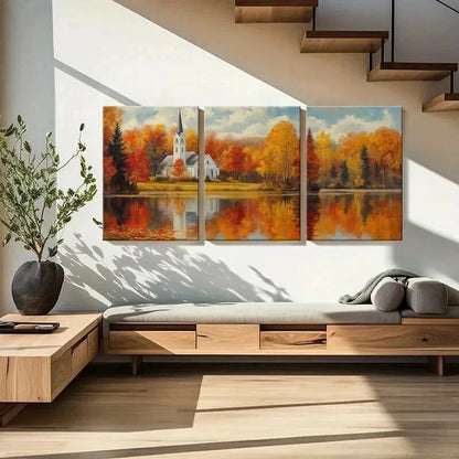 3pcs Autumn Church Landscape & Lake Reflection Wall Art Set Canvas Framed 40x60cm - High Quality Print 100% Australian Made Wall Canvas Ready to Hang