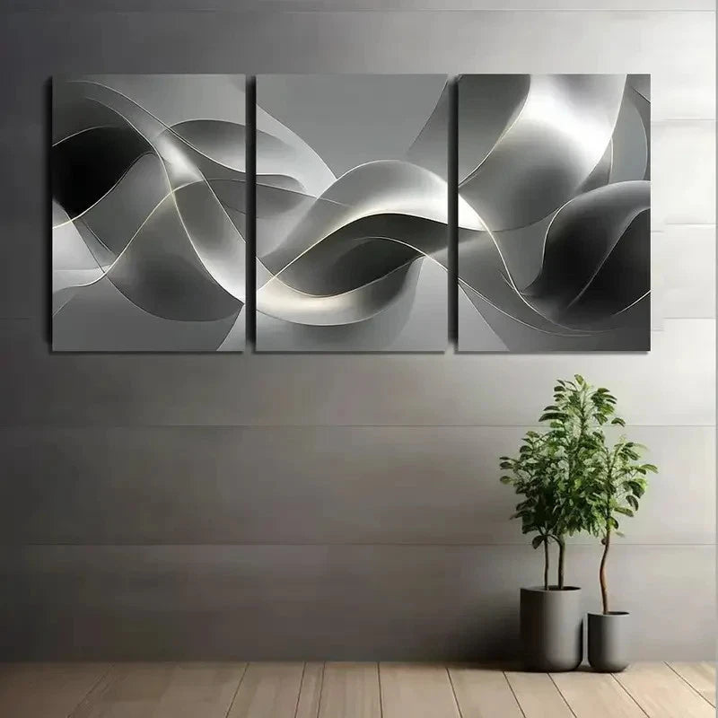 3pcs Silvery and Gray Ribbon-Like Abstract Art Metal Print Ready to Hang Art
