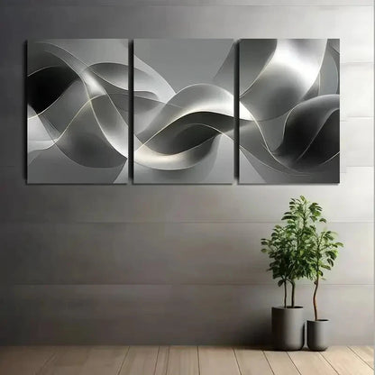 3pcs Silvery and Gray Ribbon-Like Abstract Art Metal Print Ready to Hang Art