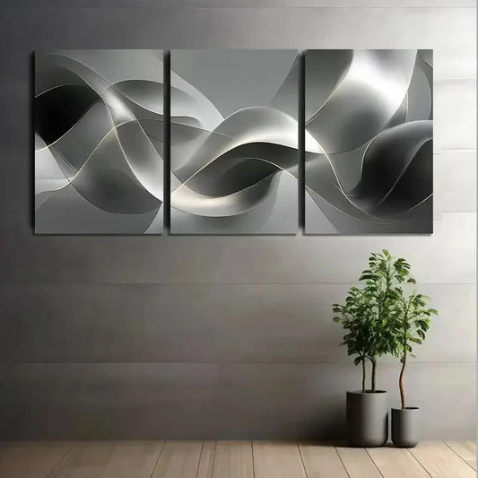 3pcs Silvery and Gray Ribbon-Like Abstract Art Metal Print Ready to Hang Art