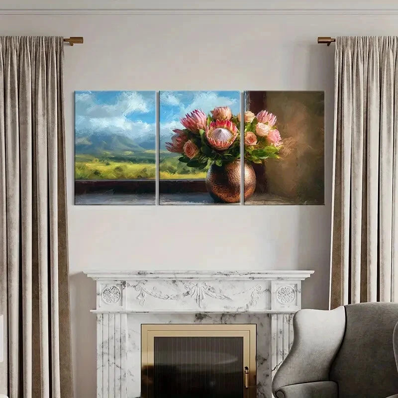 3pcs Floral Bouquet Landscape View Copper Vase Metal Print Ready to Hang Art