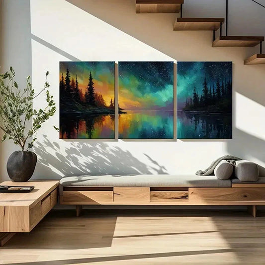 3pcs Northern Lights Forest Reflection Lake Night Metal Print Ready to Hang Art