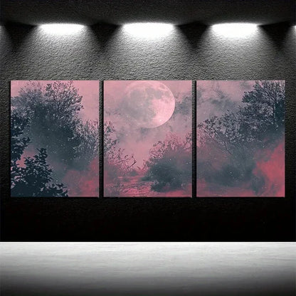 3pcs Mystical Dark Road and Moon Scene Metal Print Ready to Hang Art