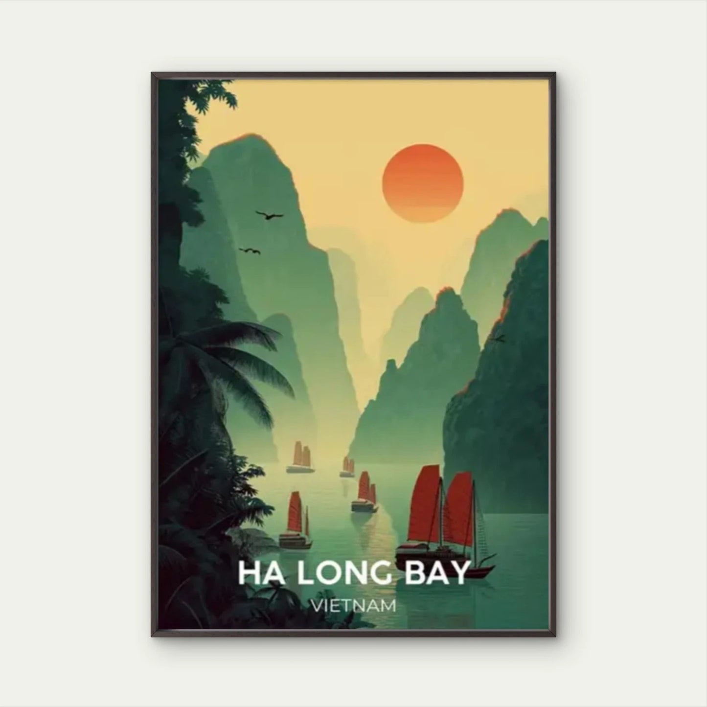 Ha Long Bay Vietnam  Sunset Sailboat & Emerald Bay Travel Poster Print Wall Art