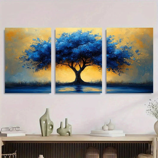 3pcs Abstract Blue Modern Fantasy Tree Metal Print Ready to Hang Art