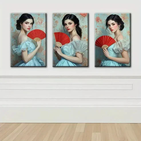 3pcs Elegant Girl with Red Fan Canvas Framed 60x90cm - High Quality Print 100% Australian Made Wall Canvas Ready to Hang