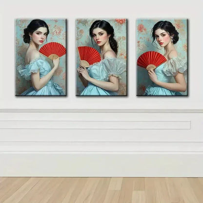 3pcs Elegant Girl with Red Fan Canvas Framed 60x90cm - High Quality Print 100% Australian Made Wall Canvas Ready to Hang