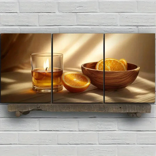 3pcs Oranges And Candles Fruits Metal Print Ready to Hang Art