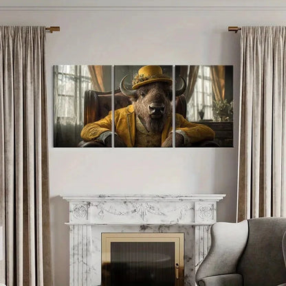 3pcs Elegant Buffalo in Golden Attire Animal Metal Print Ready to Hang Art