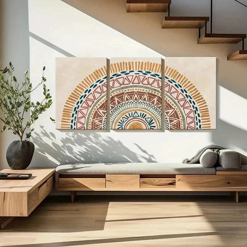 3pcs Bohemian Blue Green Orange & White Patterns Wall Art Set Canvas Framed 40x60cm - High Quality Print 100% Australian Made Wall Canvas Ready to Hang