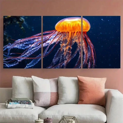 3pcs Vibrant Jellyfish Fiery in Deep Blue Sea Metal Print Ready to Hang Art