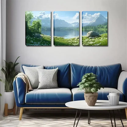 3pcs Spring, Lake, Snow Mountain, Exquisite Wall Art Canvas Unframed - High Quality Print 100% Australian Made Wall Canvas