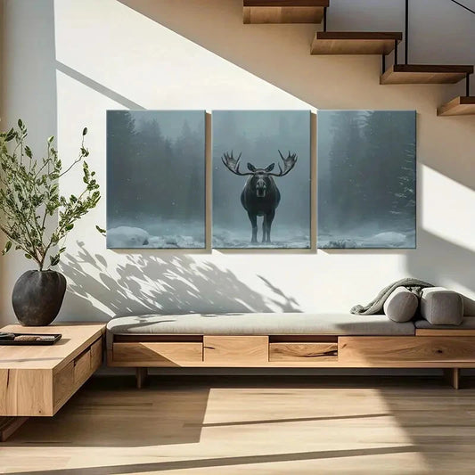 3pcs Winter Forest Moose Art Snowy Landscape Metal Print Ready to Hang Art