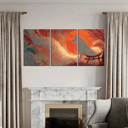 3pcs Artistic Fox Illustration Japanese Torii Gate Metal Print Ready to Hang Art