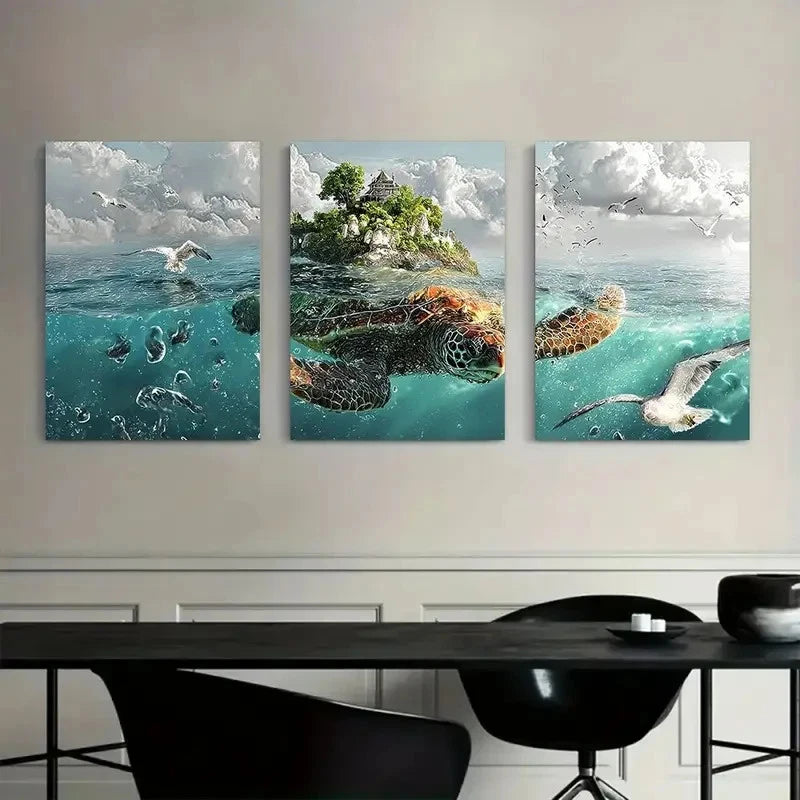 3pcs Abstract Turtle in the Ocean Metal Print Ready to Hang Art