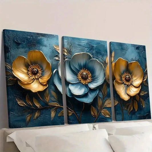 3pcs  Abstract Golden Flower Floral Art  TR  Wall Art Set Canvas Framed 60x90cm - High Quality Print 100% Australian Made Wall Canvas Ready to Hang
