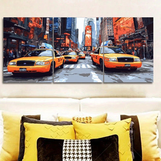 3pcs Cabs in the City Scene Luxurious Metal Print Ready to Hang Art